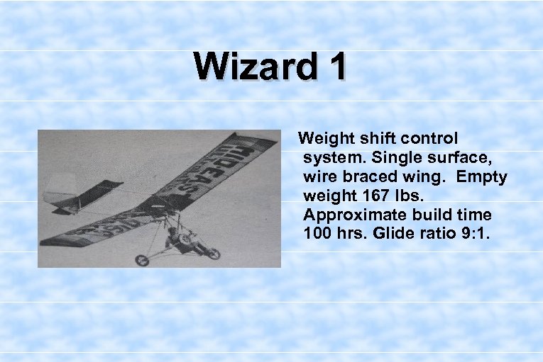 Wizard 1 Weight shift control system. Single surface, wire braced wing. Empty weight 167