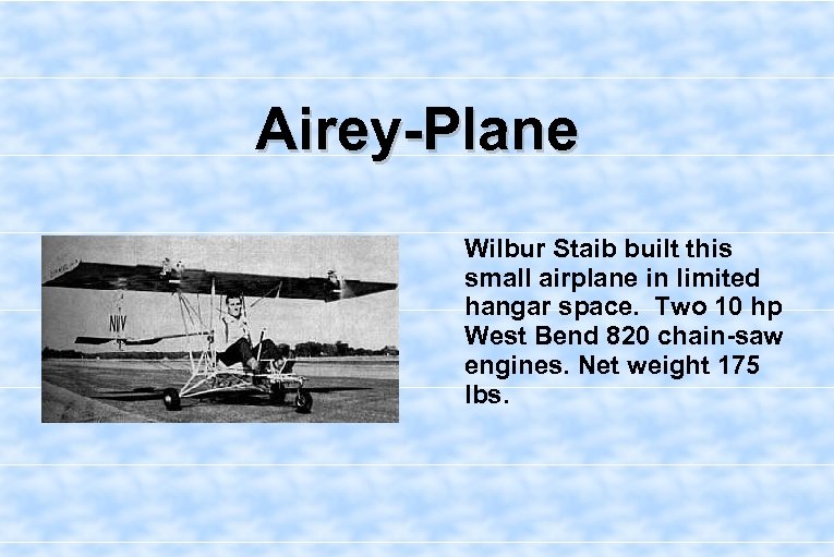 Airey-Plane Wilbur Staib built this small airplane in limited hangar space. Two 10 hp
