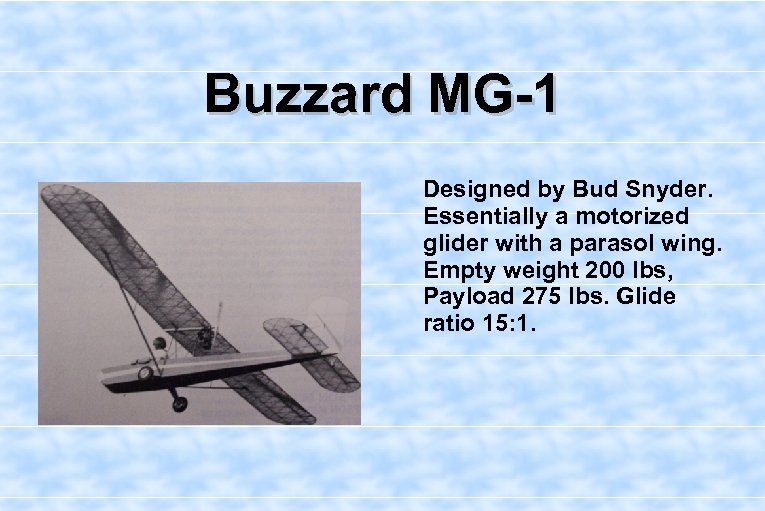 Buzzard MG-1 Designed by Bud Snyder. Essentially a motorized glider with a parasol wing.