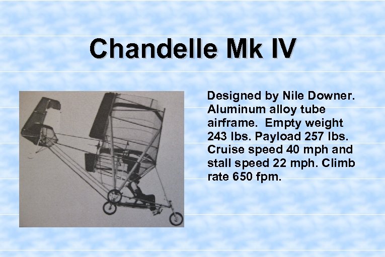 Chandelle Mk IV Designed by Nile Downer. Aluminum alloy tube airframe. Empty weight 243