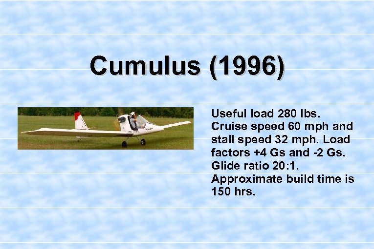 Cumulus (1996) Useful load 280 lbs. Cruise speed 60 mph and stall speed 32