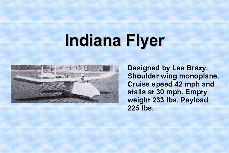 Indiana Flyer Designed by Lee Brazy. Shoulder wing monoplane. Cruise speed 42 mph and