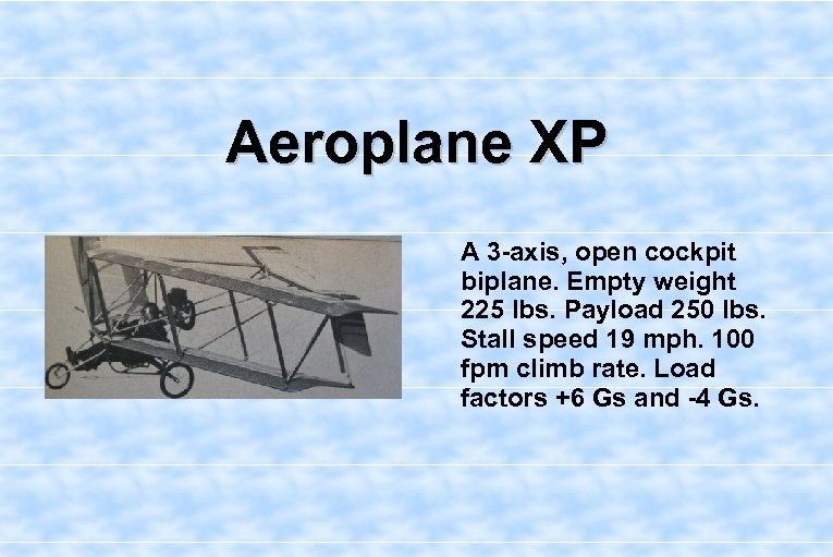 Aeroplane XP A 3 -axis, open cockpit biplane. Empty weight 225 lbs. Payload 250