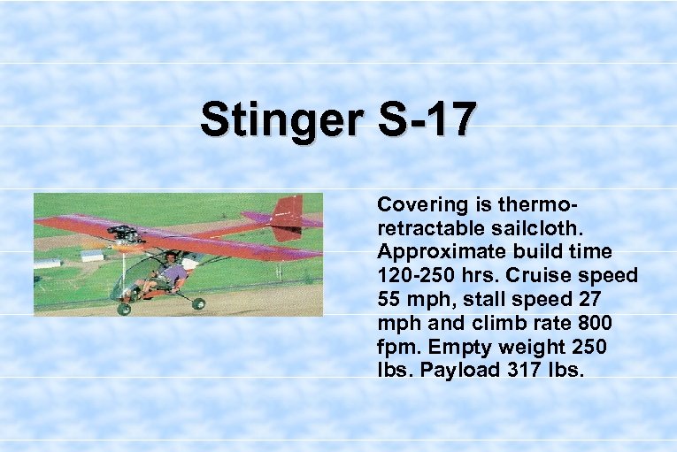 Stinger S-17 Covering is thermoretractable sailcloth. Approximate build time 120 -250 hrs. Cruise speed