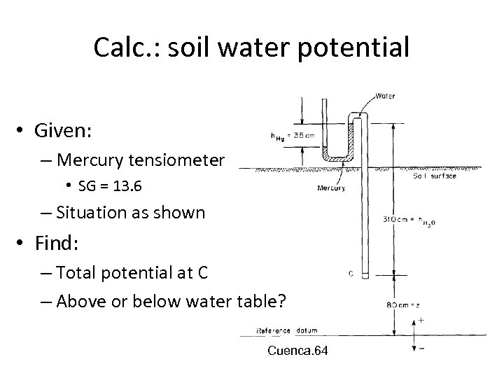 Calc. : soil water potential • Given: – Mercury tensiometer • SG = 13.