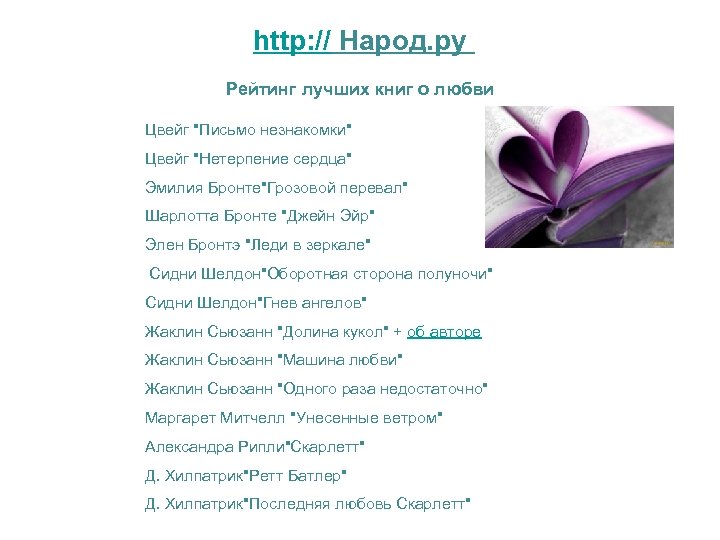 http: // Народ. ру Рейтинг лучших книг о любви Цвейг "Письмо незнакомки" Цвейг "Нетерпение