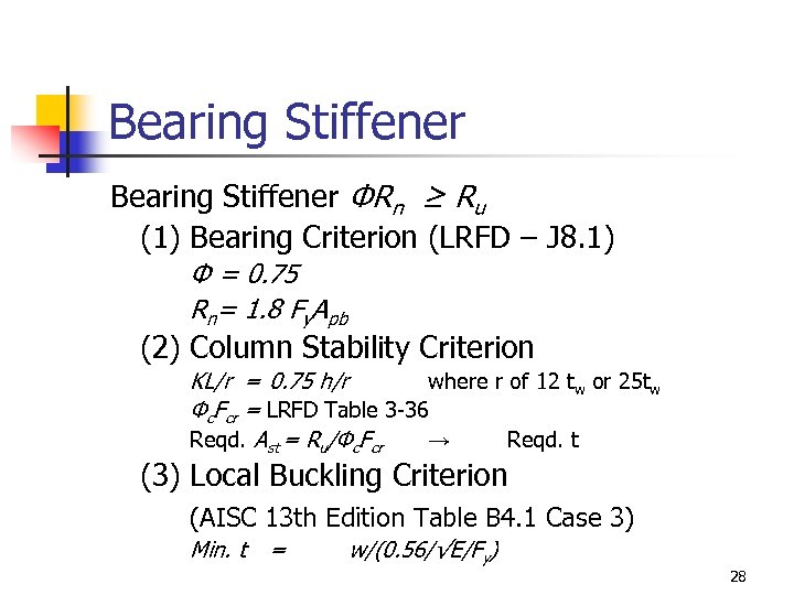 Bearing Stiffener ΦRn ≥ Ru (1) Bearing Criterion (LRFD – J 8. 1) Φ