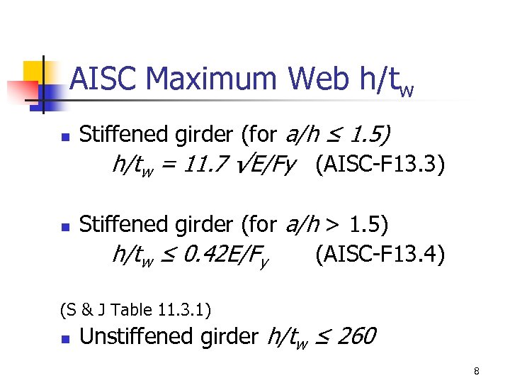 AISC Maximum Web h/tw n n Stiffened girder (for a/h ≤ 1. 5) h/tw