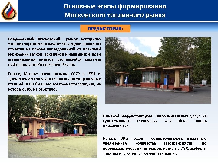 Основные этапы формирования Московского топливного рынка ПРЕДЫСТОРИЯ: Современный Московский рынок моторного топлива зародился в
