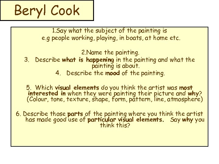 Beryl Cook 1. Say what the subject of the painting is e. g people