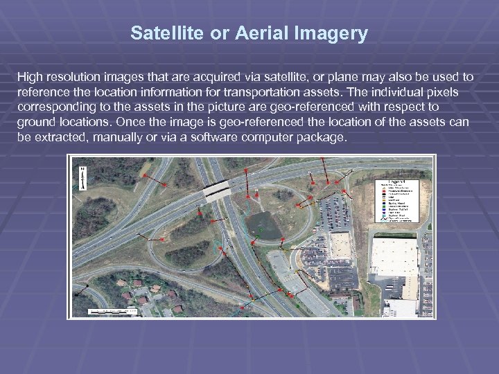 Satellite or Aerial Imagery High resolution images that are acquired via satellite, or plane