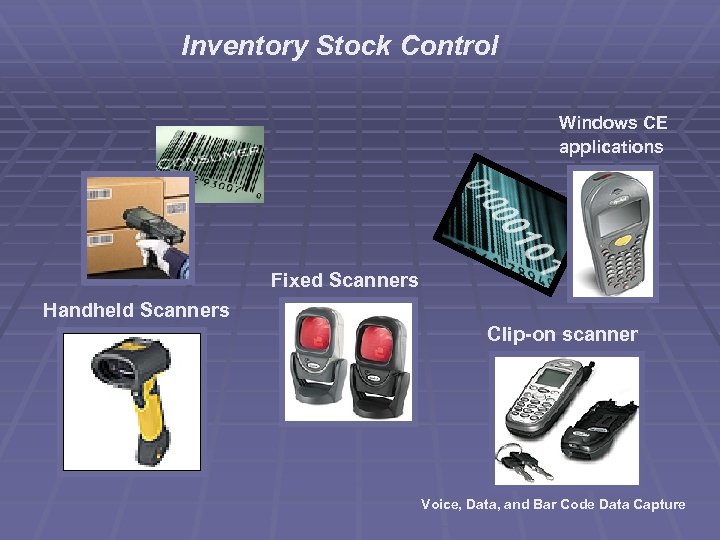 Inventory Stock Control Windows CE applications Fixed Scanners Handheld Scanners Clip-on scanner Voice, Data,