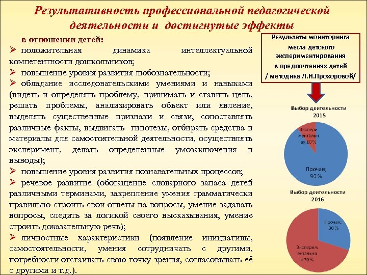 Результативность профессиональной педагогической деятельности и достигнутые эффекты в отношении детей: Ø положительная динамика интеллектуальной