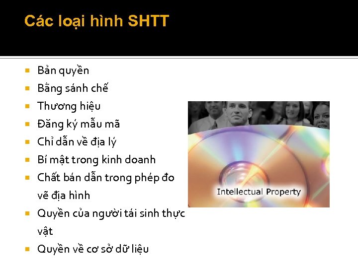 Các loại hình SHTT Bản quyền Bằng sánh chế Thương hiệu Đăng ký mẫu