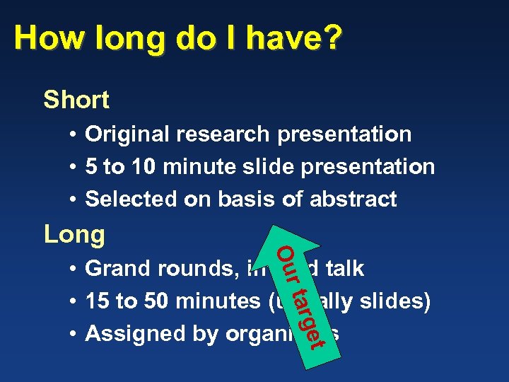 How long do I have? Short • Original research presentation • 5 to 10