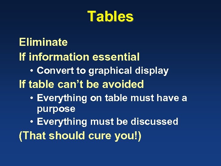 Tables Eliminate If information essential • Convert to graphical display If table can’t be