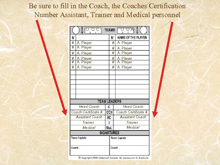 Be sure to fill in the Coach, the Coaches Certification Number Assistant, Trainer and