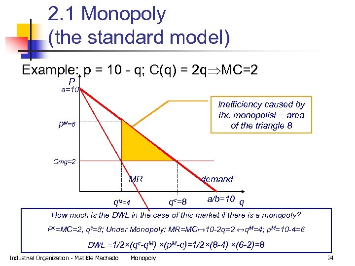 2. 1 Monopoly (the standard model) Example: p = 10 - q; C(q) =
