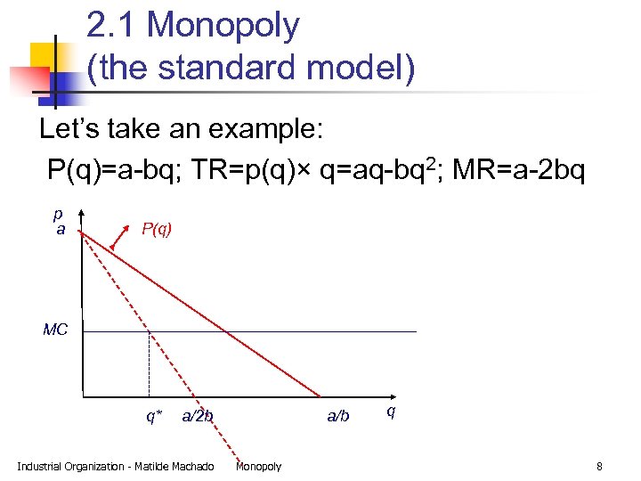 2. 1 Monopoly (the standard model) Let’s take an example: P(q)=a-bq; TR=p(q)× q=aq-bq 2;