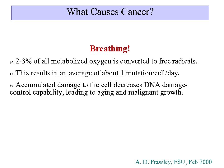 What Causes Cancer? Breathing! " 2 -3% of all metabolized oxygen is converted to