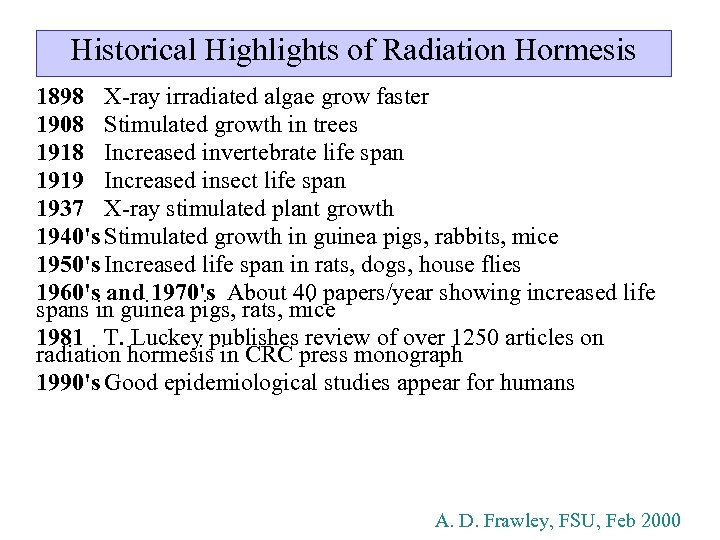 Historical Highlights of Radiation Hormesis 1898 X-ray irradiated algae grow faster 1908 Stimulated growth