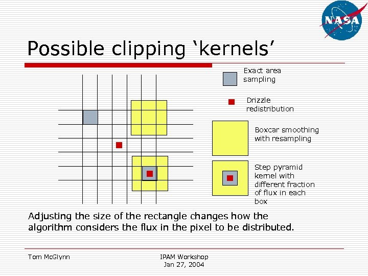 Possible clipping ‘kernels’ Exact area sampling Drizzle redistribution Boxcar smoothing with resampling Step pyramid