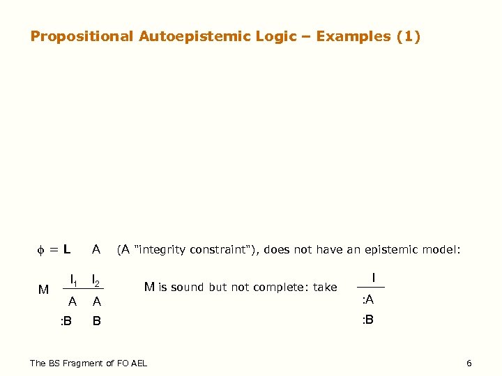 Propositional Autoepistemic Logic – Examples (1) =L M A (A "integrity constraint"), does not