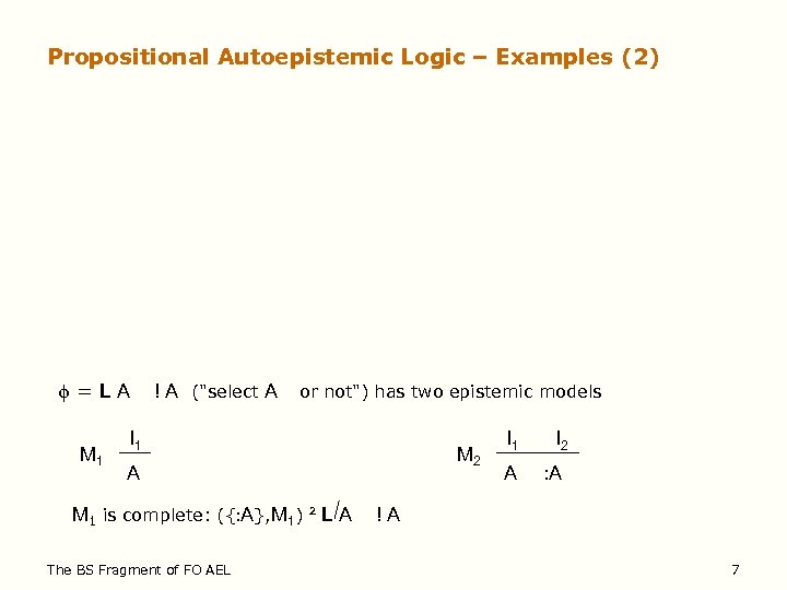 Propositional Autoepistemic Logic – Examples (2) =LA M 1 ! A ("select A or