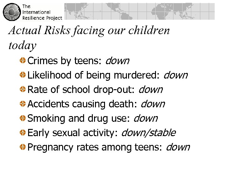 Actual Risks facing our children today Crimes by teens: down Likelihood of being murdered: