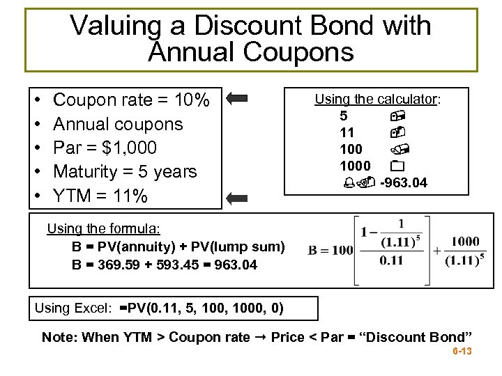 Valuing a Discount Bond with Annual Coupons • • • Coupon rate = 10%