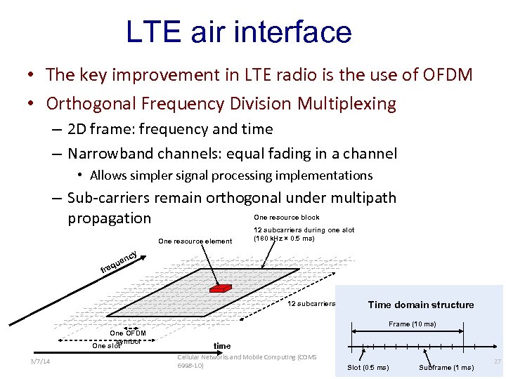 LTE air interface • The key improvement in LTE radio is the use of