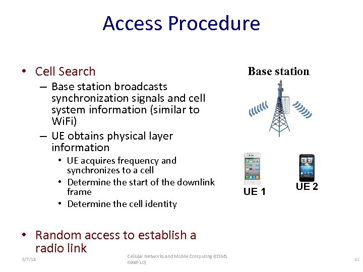 Access Procedure • Cell Search Base station – Base station broadcasts synchronization signals and