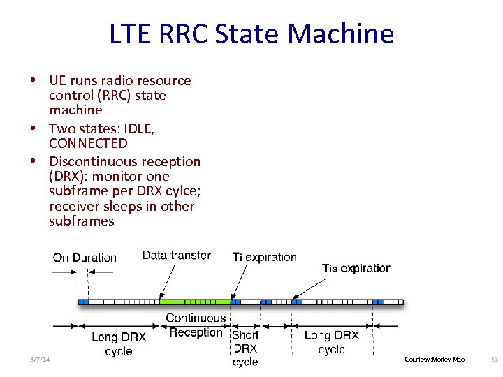 LTE RRC State Machine • UE runs radio resource control (RRC) state machine •
