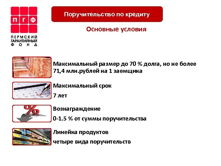 Поручительство по кредиту Основные условия Максимальный размер до 70 % долга, но не более