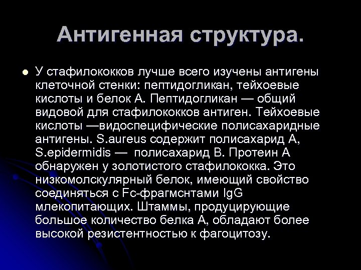 Антигенная структура. l У стафилококков лучше всего изучены антигены клеточной стенки: пептидогликан, тейхоевые кислоты