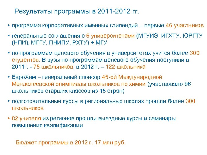 Результаты программы в 2011 -2012 гг. • программа корпоративных именных стипендий – первые 46