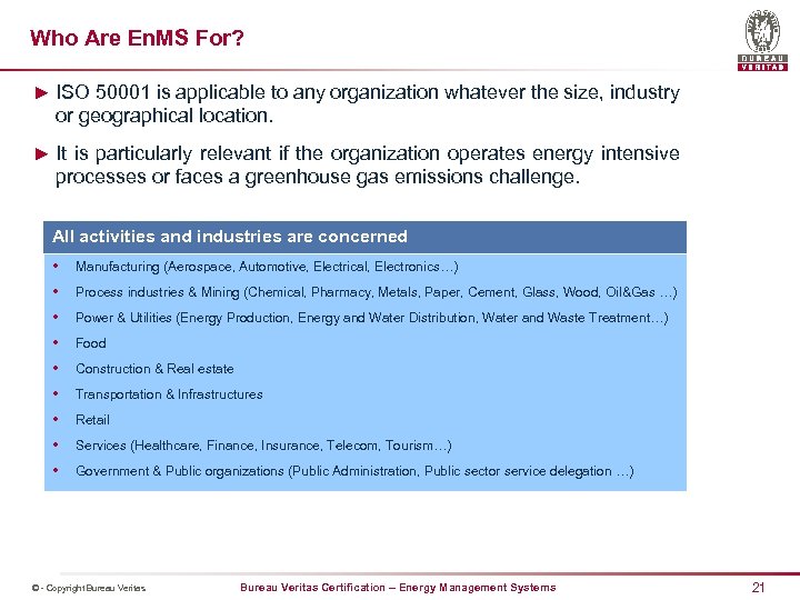 Who Are En. MS For? ► ISO 50001 is applicable to any organization whatever