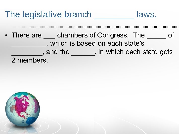 The legislative branch ____ laws. • There are ___ chambers of Congress. The _____