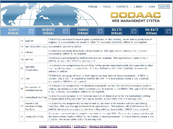 HOME | DODAAC REPORTS | CONTACTS | PRIVACY INFORMATION 