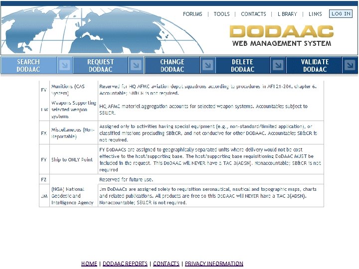 HOME | DODAAC REPORTS | CONTACTS | PRIVACY INFORMATION 