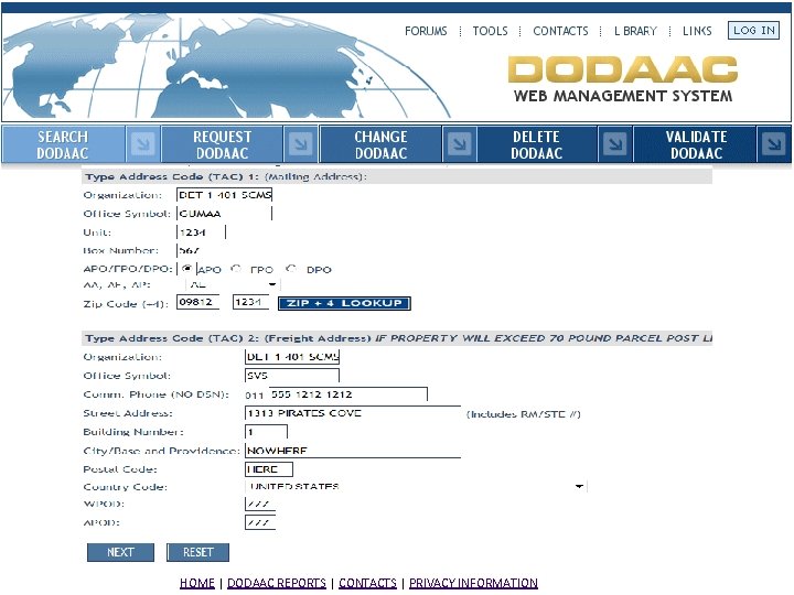 HOME | DODAAC REPORTS | CONTACTS | PRIVACY INFORMATION 