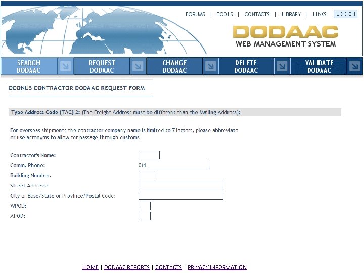 HOME | DODAAC REPORTS | CONTACTS | PRIVACY INFORMATION 