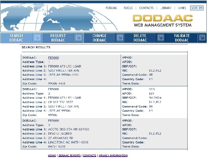 HOME | DODAAC REPORTS | CONTACTS | PRIVACY INFORMATION 