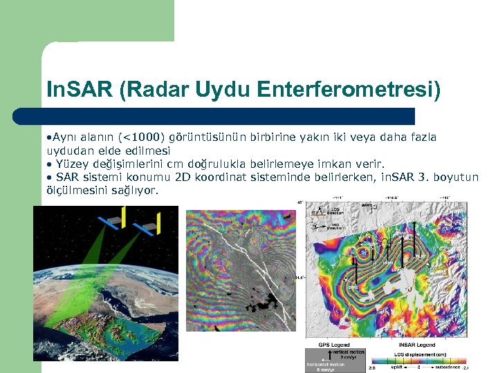In. SAR (Radar Uydu Enterferometresi) • Aynı alanın (<1000) görüntüsünün birbirine yakın iki veya