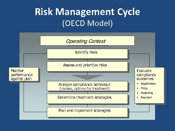 Risk Management Cycle (OECD Model) Operating Context Identify risks Monitor performance against plan Assess