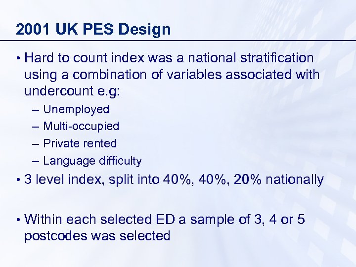 2001 UK PES Design • Hard to count index was a national stratification using