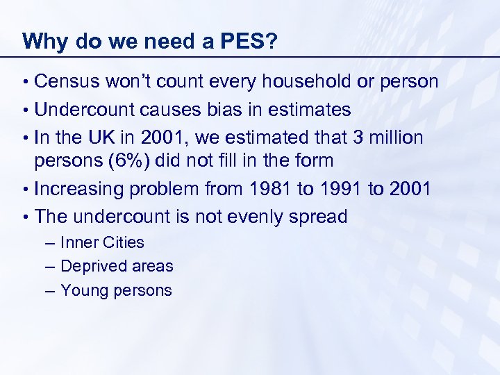 Why do we need a PES? • Census won’t count every household or person