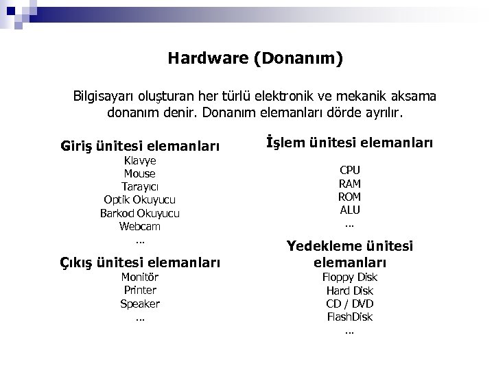 Hardware (Donanım) Bilgisayarı oluşturan her türlü elektronik ve mekanik aksama donanım denir. Donanım elemanları