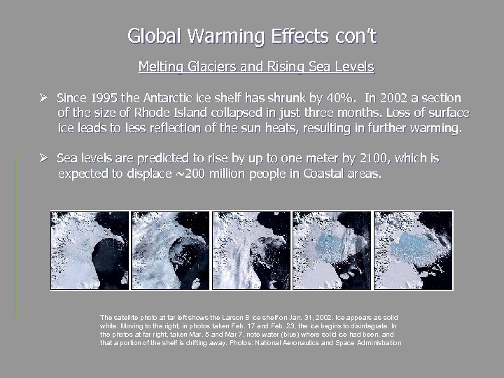 Global Warming Effects con’t Melting Glaciers and Rising Sea Levels Ø Since 1995 the
