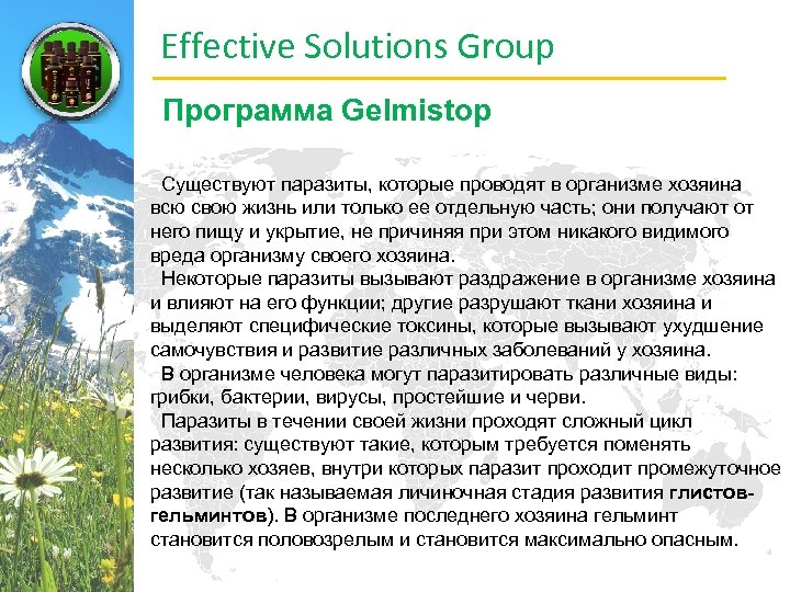 Effective Solutions Group Программа Gelmistop Существуют паразиты, которые проводят в организме хозяина всю свою